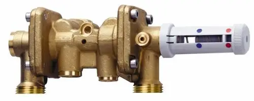 Brass valve assembly from Danfoss with multiple connection points and an adjustable cartridge for temperature control. Suitable for water heating systems.